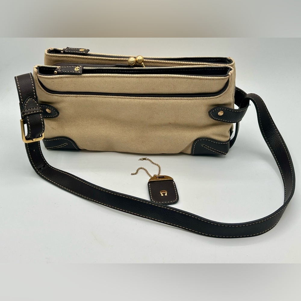 Etienne Aigner Canvas Shoulder Bag Purse Tan Brown Multi Pocket